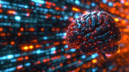 A human brain is depicted in front of a background of blue and red lights.