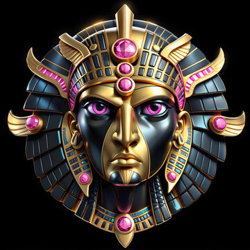 A gold and jade Egyptian god head metal emblem. 3D style artifact metal badge. Coat of arms Egyptian god head. Egyptian god head metal insignia. Egyptian badge. Ancient Medallion. Egyptian amulet.