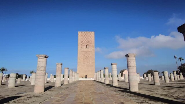 A scenic view of the Hassan Mosque in Rabat, Morocco, with a dolly shot movement