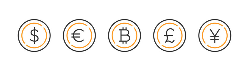World currency icon set. Euro, usd dollar, bitcoin, yen, pound, cryptocurrency. Money symbol, coin.