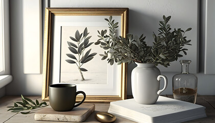  Mediterranean breakfast still life. Cup of coffee, books. Empty wooden picture frame mockup on desk, table. Textured vase with olive branches. Elegant working space, home office. Scan. Generative AI.