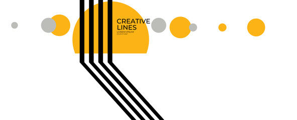 3D black and white lines in perspective with yellow elements abstract vector background, linear perspective illustration op art, road to horizon. banner, cover, poster, flyer, card.