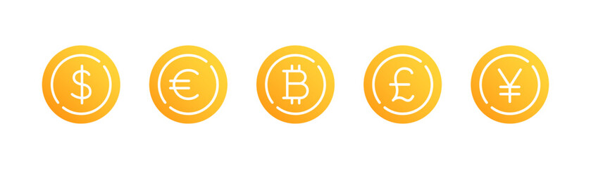 Obraz premium World currency golden coin icon set. Euro, usd dollar, bitcoin, yen, pound, cryptocurrency. Money symbol, financial investment, crisis.