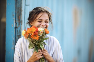 girl laughing with bouquet