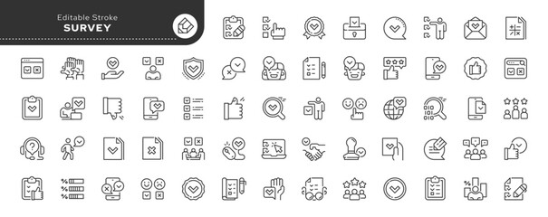 Set of line icons in linear style. Series - Survey, poll and voting. Questionnaire and election sheet.Checkmark. Outline icon collection. Conceptual pictogram and infographic.