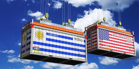 Shipping containers with flags of Uruguay and USA - 3D illustration