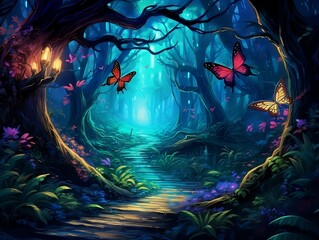 Fairy forest path with colorful butterflies