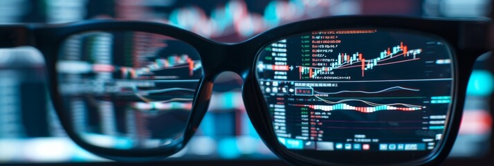 Close-up of a computer screen showing a complex cryptocurrency mining operation, with a detailed, dynamic graph and digital code reflecting off the glasses of the focused user.