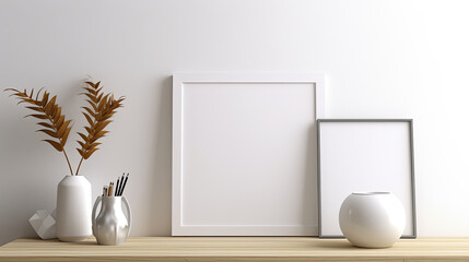 Modern Blank Picture Frames on Wooden Shelf - Generative AI