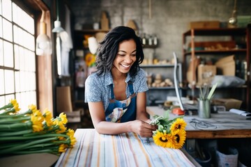 female florist wrapping sunflowers in craft paper for sale