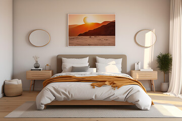 Modern Bedroom with Sunset Artwork - Generative AI