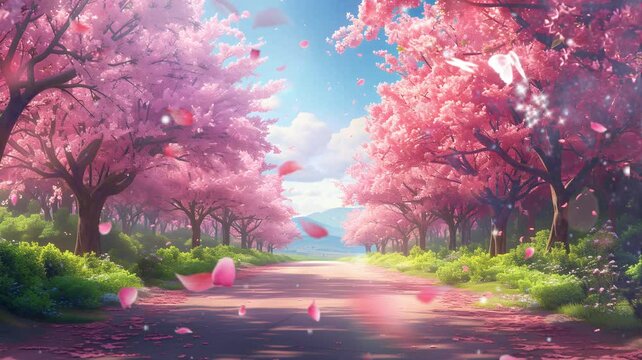 Spring scenery, tunnel tree road in spring, blooming, pink cherry trees with green trees. Cartoon or anime illustration background, 4K quality animation style background