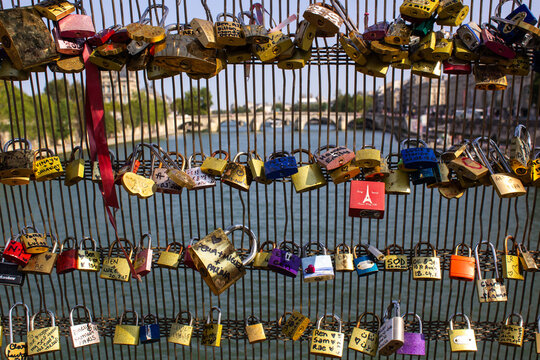 Love Locks on the Paris&rsquo;s Pont des Arts, with view of the River in the background