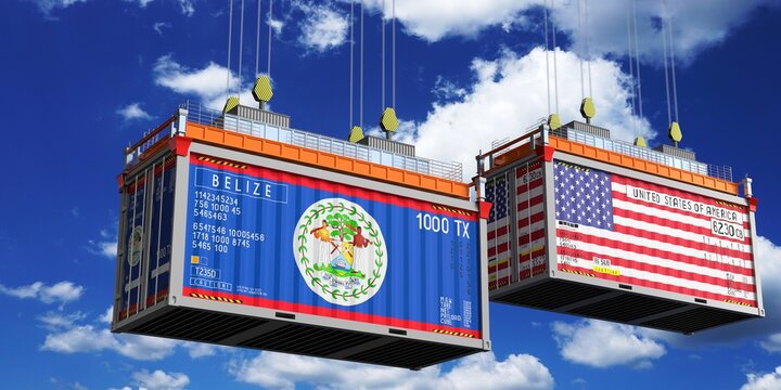 Shipping containers with flags of Belize and USA - 3D illustration