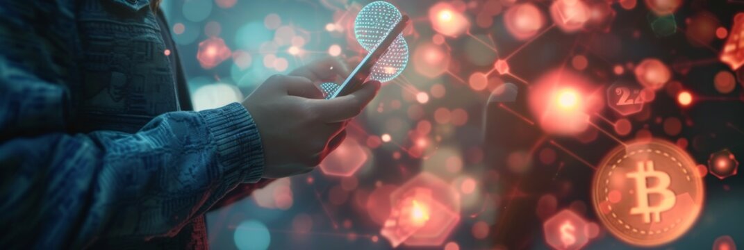 Conceptual image of a person holding a smartphone, with digital currency symbols and data streaming out, symbolizing mobile access to cryptocurrency markets.