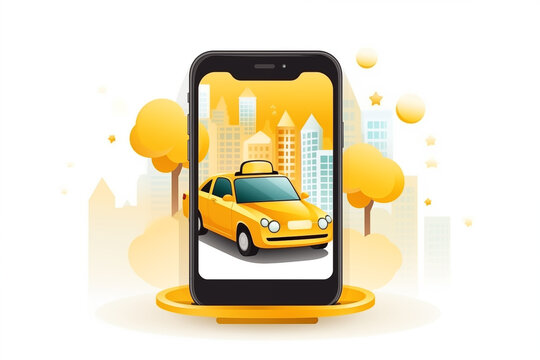 The image depicts a yellow toy car on a road, featuring classic transportation design,Taxi service application on mobile,