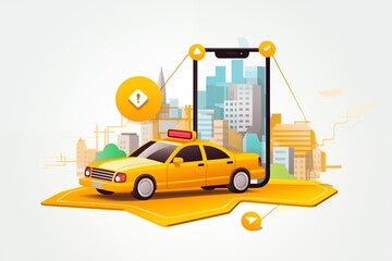 Naklejka premium The image depicts a yellow toy car on a road, featuring classic transportation design,Taxi service application on mobile,
