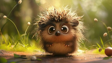AI portrait of a funny, cute, big-eyed, furry hedgehog