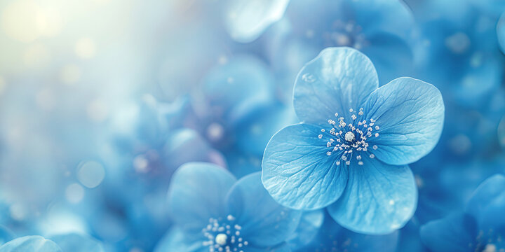 Delicate natural floral background in light blue pastel colors. Blue flowers close up with selective focus. Macro photography.