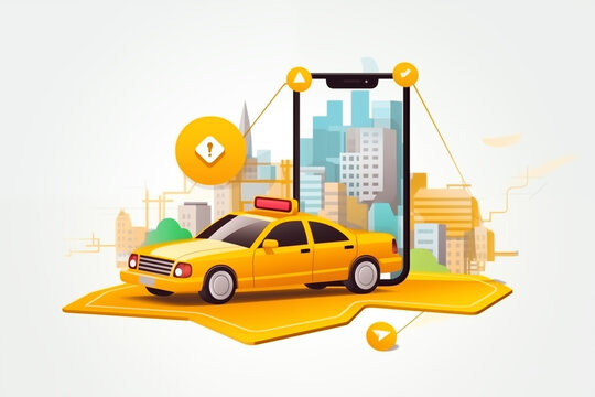 The image depicts a yellow toy car on a road, featuring classic transportation design,Taxi service application on mobile,