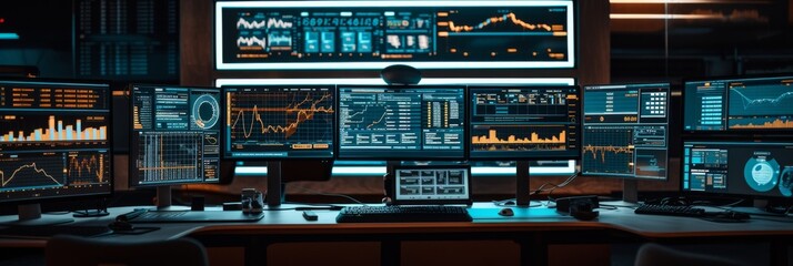 Image of a sleek, modern workspace with multiple screens displaying cryptocurrency markets, coding software, and digital graphs, symbolizing a professional cryptocurrency trading environment.