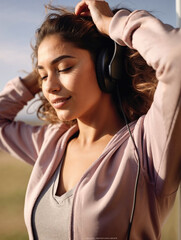 relaxed Woman with tracksuit Enjoying Music While Exercising in the City