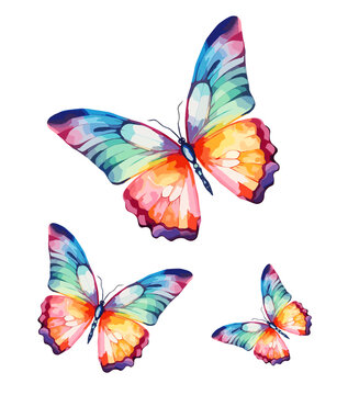 Watercolor illustration of a butterfly with vibrant wings on a white background.