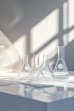 3D model of glass beakers on a white table.
