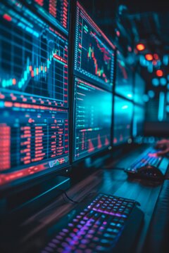 Image of a sleek, modern workspace with multiple screens displaying cryptocurrency markets, coding software, and digital graphs, symbolizing a professional cryptocurrency trading environment.