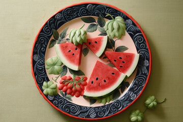 Four Watermelon Slices in a Ceramic Plate with Pattern on a Green Background - Generative AI