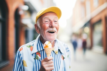 happy senior licking a gourmet icecream on a city street - obrazy, fototapety, plakaty