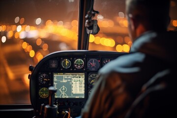 helicopter pilot observing instrument panel at night