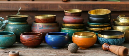 Various colored small singing bowls, some with gold rims, others stacked, struck with a mallet.