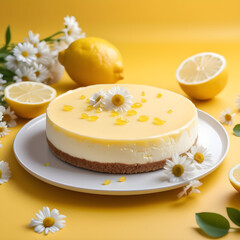 Fototapeta premium Lemon Cheesecake with cream, yellow background, white daisy flowers
