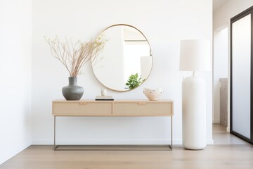 minimalist foyer with a sleek white console and large mirror