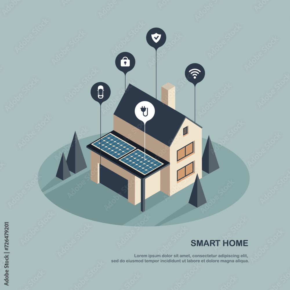 Poster smart home control by smartphone. wireless wi fi connection and house technology. mobile phone conne