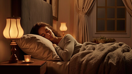 Auburn Woman Falling Asleep in a Bed Under Warm Light - Generative AI - obrazy, fototapety, plakaty