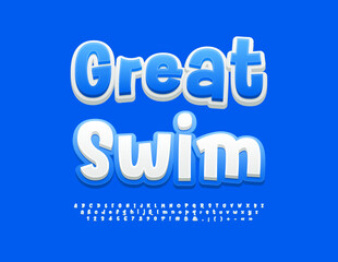 Vector activity poster Great Swim with artistic Blue and White Font. Modern style Alphabet Letters, Numbers and Symbols set.