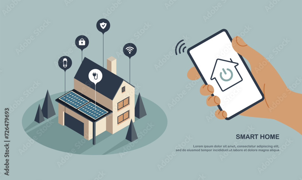Poster smart home control by smartphone. wireless wi fi connection and house technology. mobile phone conne
