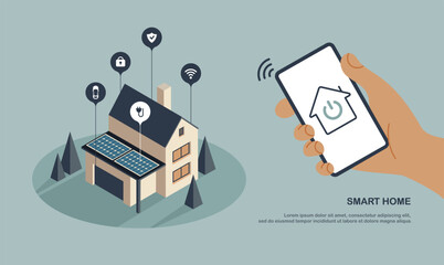 Smart home control by smartphone. Wireless wi fi connection and house technology. Mobile phone connections with home electronics devices. User is holding phone and touching a button. Vector.
