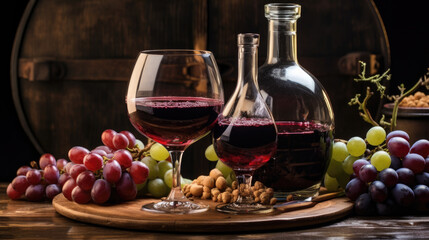 Fototapeta premium Red Wine and Grapes on a Wooden Table - Generative AI