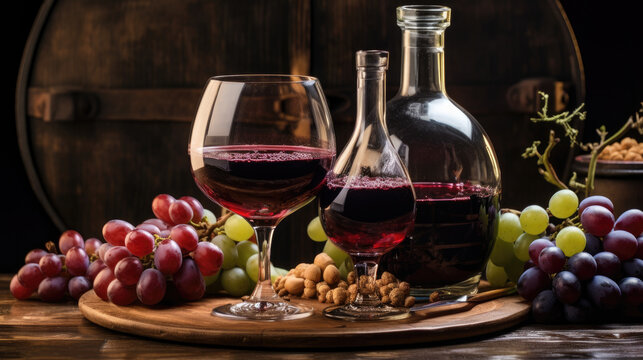 Red Wine and Grapes on a Wooden Table - Generative AI