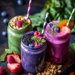 colourful smoothies made with superfoods like acai berries, chia seeds, spirulina, garnished with fresh fruit & nuts