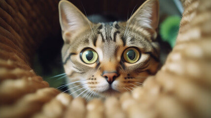 Fototapeta premium Curious Cat Peeking Through Wicker Basket - Generative AI