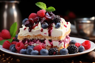 Homemade cheesecake with raspberry decoration and blueberry generated by, generative IA