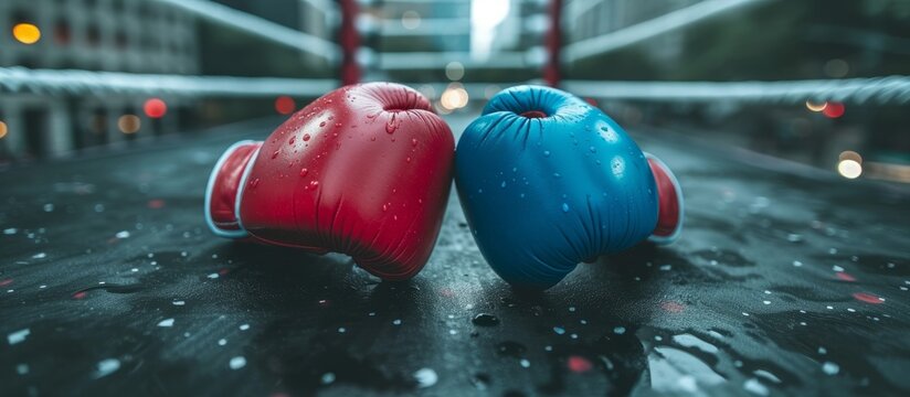 Red and blue gloves in boxing ring.
