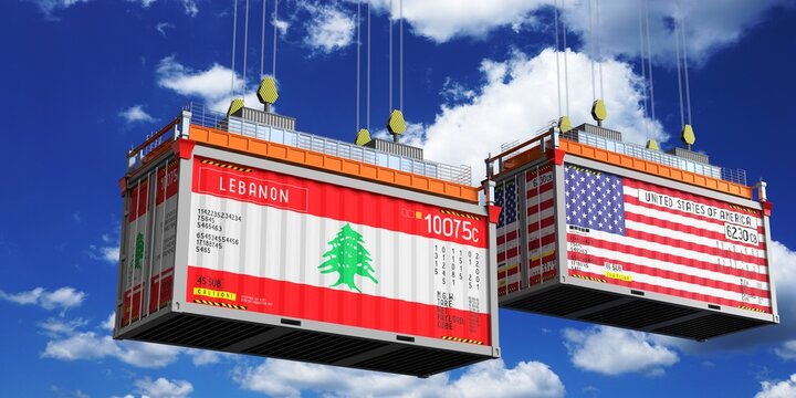 Shipping containers with flags of Lebanon and USA - 3D illustration