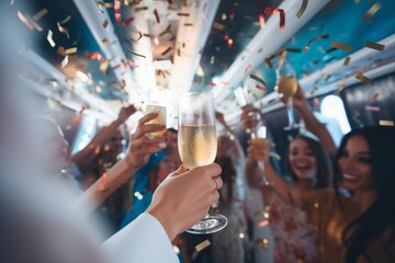 party people clinking glasses in festive limo interior