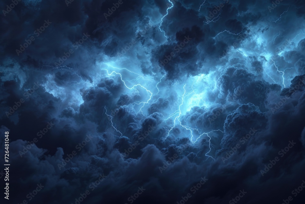 Poster a dark sky filled with lots of clouds and lightning. can be used to depict a stormy weather scene