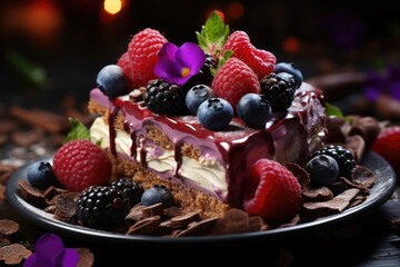 Delicious slice of gourmet chocolate cheesecake with fruits generated by AI, generative IA